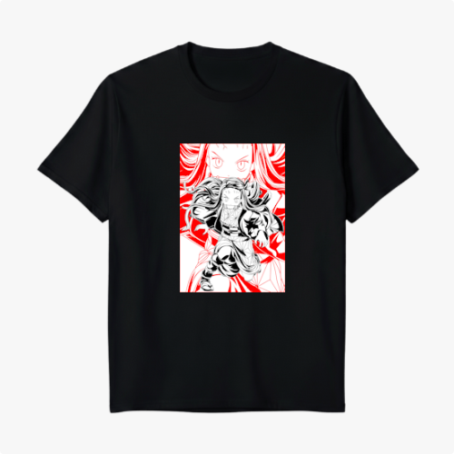 Camiseta com estampa frontal de personagem em estilo mangá, com detalhes de cabelo e olhos expressivos, em meio a formas geométricas dinâmicas.
