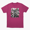 Camiseta com estampa frontal de guerreiro musculoso em quadrantes, com navio, homem barbudo, escudo e machado ao fundo, com texto inferior "Thron Bodybuilder".