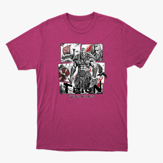 Camiseta com estampa frontal de guerreiro musculoso em quadrantes, com navio, homem barbudo, escudo e machado ao fundo, com texto inferior "Thron Bodybuilder".