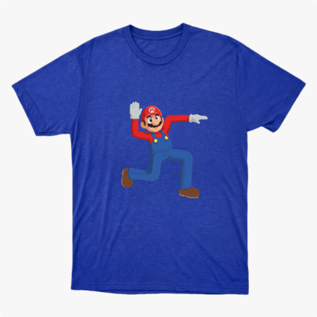 Camiseta com estampa frontal de um personagem icônico de macacão levantando uma mão aberta e apontando na outra direção, em posição alegre e animada.