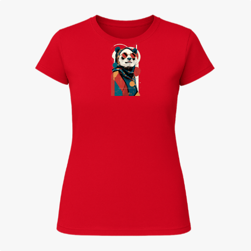 Camiseta com estampa frontal de panda estilizado, vestindo roupa clássica e chapéu, sobre fundo geométrico abstrato contrastante.