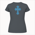 Camiseta com estampa frontal de "LIZZYE CORP" acompanhada de um pequeno símbolo abaixo e estampa traseira de uma cruz pixelada destacada.
