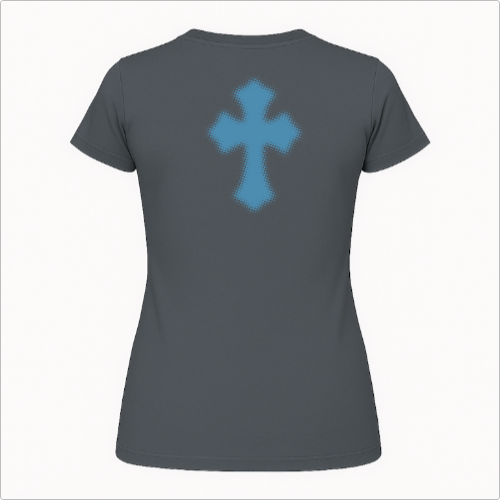 Camiseta com estampa frontal de "LIZZYE CORP" acompanhada de um pequeno símbolo abaixo e estampa traseira de uma cruz pixelada destacada.