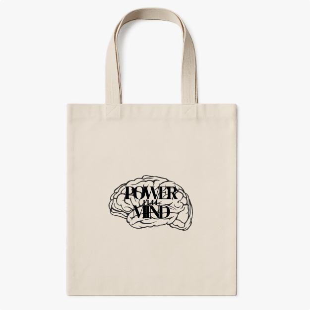 Ecobag com estampa frontal de ilustração de cérebro estilizado em contorno, contendo a frase "Power of the Mind" em letras maiúsculas e destacadas.