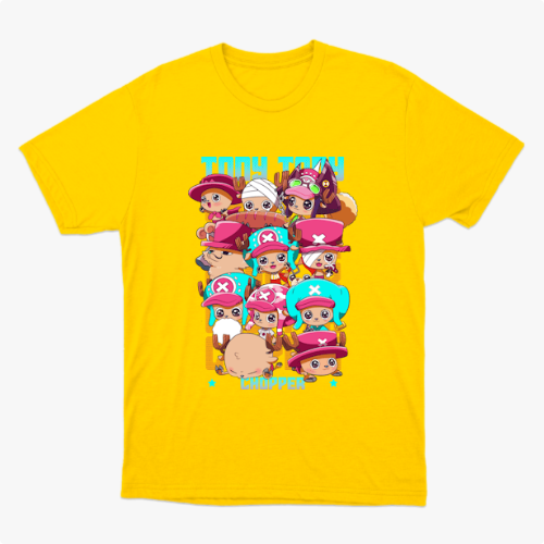 Camiseta com estampa frontal de personagens chibi usando diferentes chapéus rosa e azul, acompanhados de letras estilizadas em um tom vibrante.