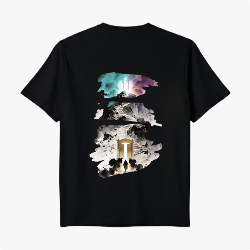 Camiseta com estampa frontal de um braço segurando uma coroa e estampa traseira de um portal rodeado por paisagens oníricas em um estilo artístico abstrato.