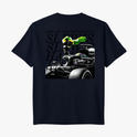 Camiseta com estampa frontal de número 44 no peito e estampa traseira de carro de corrida, piloto com bandeira e texto inspirador no topo.