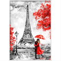Quadro com estampa de casal abraçado sob guarda-chuva, próximo à Torre Eiffel, em cenário urbano com árvores em destaque ao redor.
