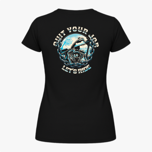 Camiseta com estampa frontal de desenho em estilo gráfico e estampa traseira de motor estilizado com frases "Quit Your Job" e "Let's Ride" em destaque.