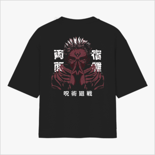 Camiseta com estampa frontal de rosto sorridente minimalista e estampa traseira de personagem estilizado com aparência intensa e caracteres orientais.