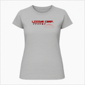 Camiseta com estampa frontal de texto em estilo futurista, acompanhado por caracteres japoneses e uma ilustração de um globo com linhas geométricas.
