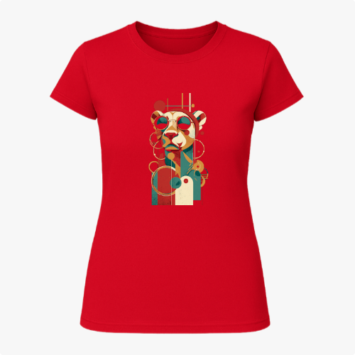 Camiseta com estampa frontal de um panda estilizado em formas geométricas e óculos de sol, com um design moderno composto por linhas e círculos abstratos.