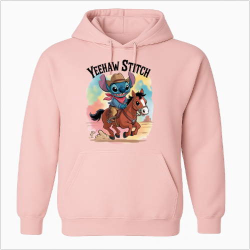 Moletom com estampa frontal de personagem alienígena vestido de cowboy montando em um cavalo, sob a palavra "YEEHAW" estilizada.