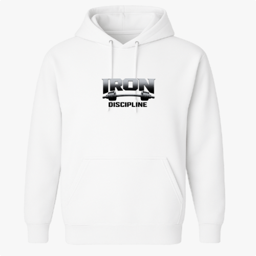 Moletom com estampa frontal de letras metálicas destacando "IRON" com uma barra de halteres entre elas e abaixo a palavra "DISCIPLINE" em estilo robusto.