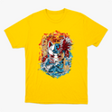 Camiseta com estampa frontal de máscara kitsune centralizada entre chamas e ondas, com kanjis japoneses e detalhes intricados de movimento e textura.