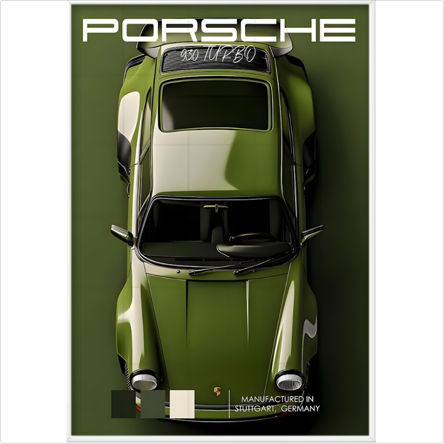 Quadro com estampa frontal de carro esportivo visto de cima, acompanhado pelo texto "Porsche 930 Turbo" no topo e "Manufactured in Stuttgart, Germany" na base.