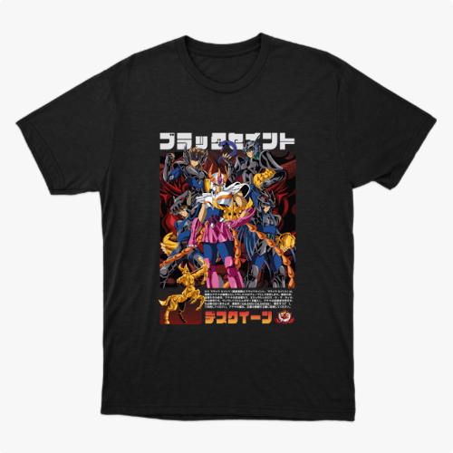 Camiseta com estampa frontal de um grupo de personagens em pose destemida, cercados por figuras sombrias e texto em estilo japonês na parte superior e inferior.