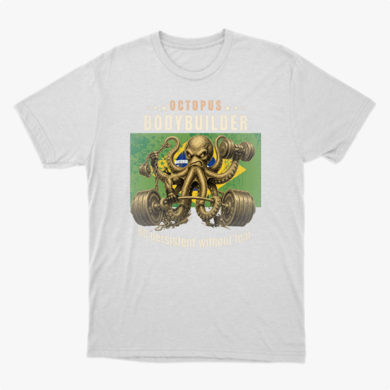 Camiseta com estampa frontal de polvo musculoso levantando pesos, rodeado por estrelas e letras, complementado por uma mensagem motivacional em inglês.