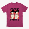 Camiseta com estampa frontal de quatro quadrados ilustrando personagens de cabelo arrepiado, acompanhados pelas letras "DBZ" acima e texto em japonês abaixo.