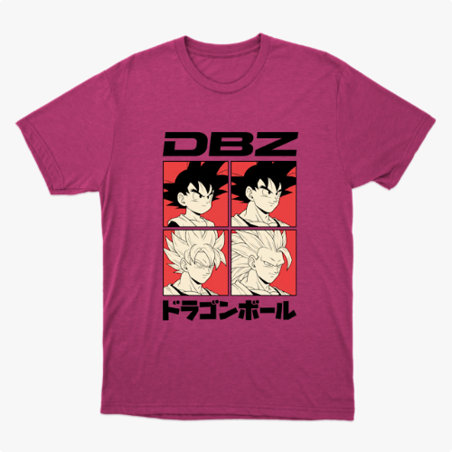 Camiseta com estampa frontal de quatro quadrados ilustrando personagens de cabelo arrepiado, acompanhados pelas letras "DBZ" acima e texto em japonês abaixo.