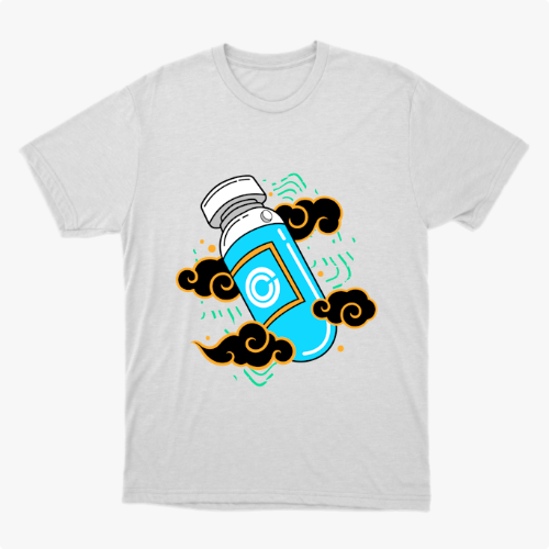 Camiseta com estampa frontal de frasco estilizado com logotipo centralizado, envolto por padrões de nuvens arrojadas e elementos geométricos vibrantes.