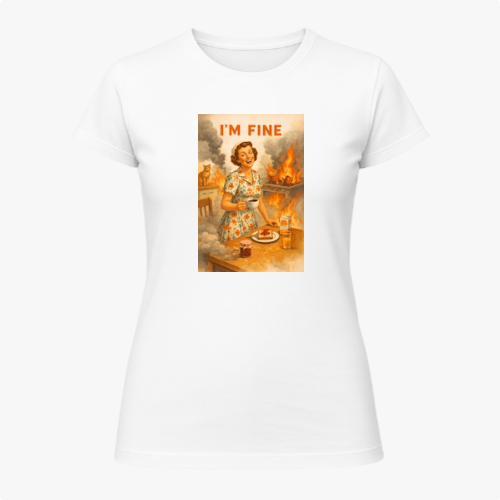 Camiseta com estampa frontal de uma mulher em traje vintage segurando pratos em meio a uma cozinha em chamas, com a frase "I'm Fine" acima da cena.
