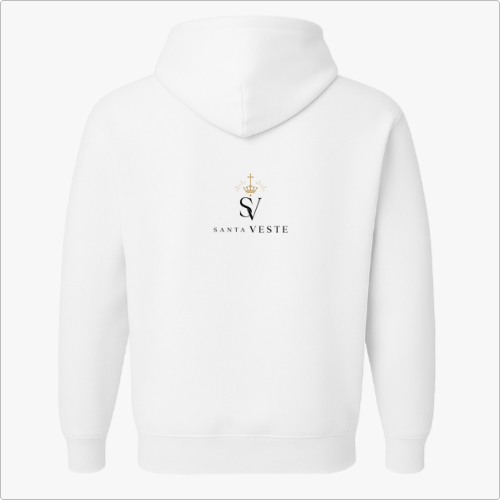 Moletom com estampa frontal de elementos religiosos incluindo um ostensório, coroa de espinhos, cruz e Nossa Senhora, e estampa traseira de logotipo com coroa.