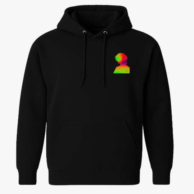 Moletom com estampa frontal de busto em perfil com efeito de distorção colorida e estampa traseira de silhueta sobre fundo multicolorido com linhas horizontais.