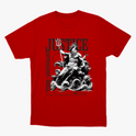 Camiseta com estampa frontal de deidade mitológica segurando um tridente sobre ondas, acompanhada das palavras "Justice", "Train Bodybuilder" e outros textos decorativos.