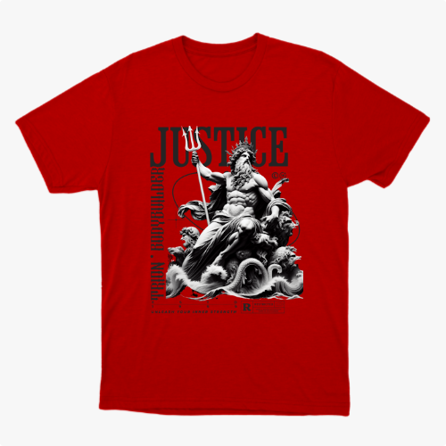 Camiseta com estampa frontal de deidade mitológica segurando um tridente sobre ondas, acompanhada das palavras "Justice", "Train Bodybuilder" e outros textos decorativos.