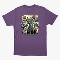 Camiseta com estampa frontal de um guerreiro musculoso em quadrantes, junto a um navio viking, escudo, espadas e texto "TRION BODYBUILDER".