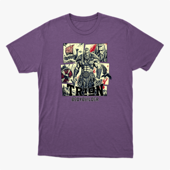 Camiseta com estampa frontal de um guerreiro musculoso em quadrantes, junto a um navio viking, escudo, espadas e texto "TRION BODYBUILDER".