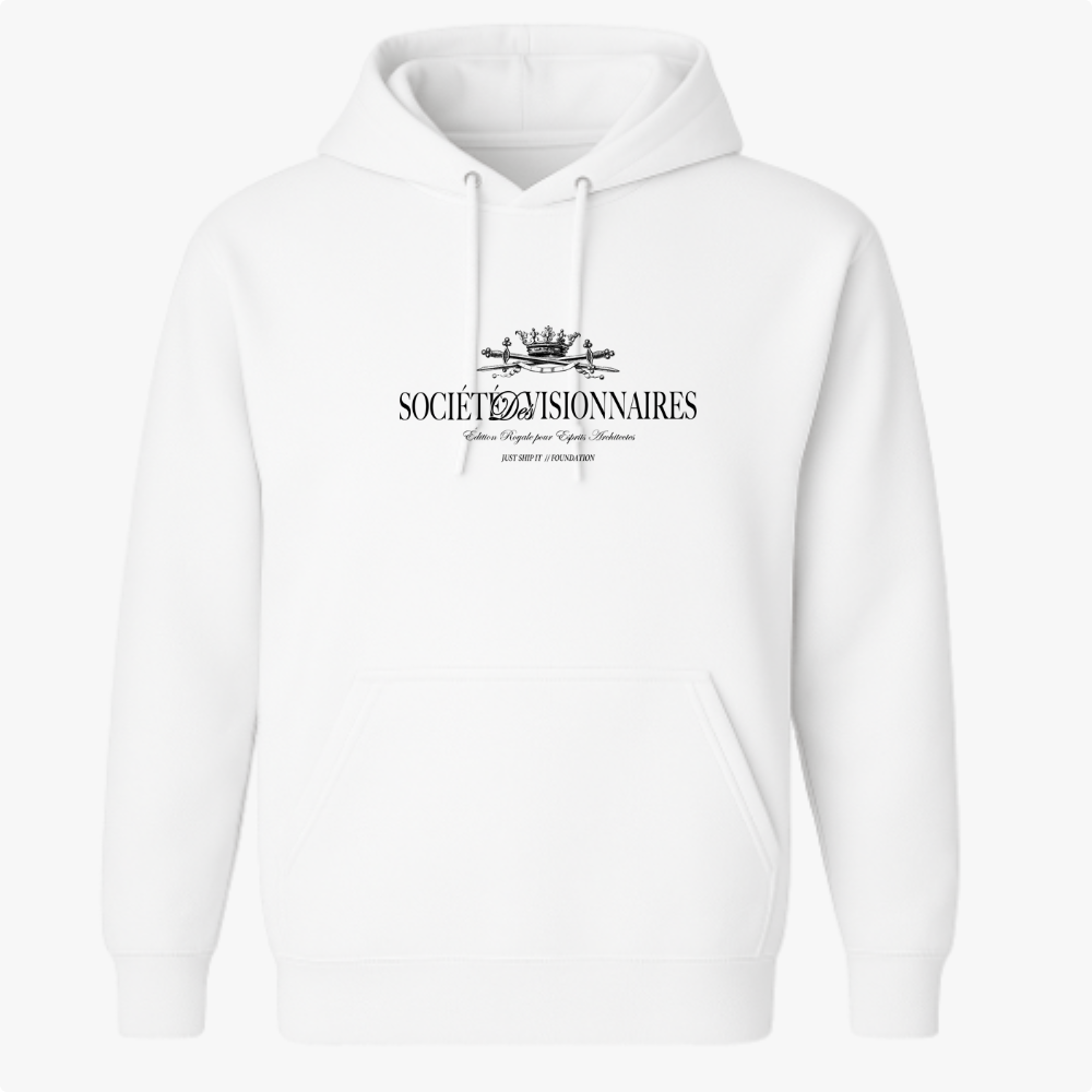 Moletom com estampa frontal de coroa detalhada acima do texto "Société Visionnaires", com frases menores em estilo clássico complementando o design.