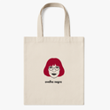 Ecobag com estampa frontal de rosto desenhado com cabelos curtos e óculos, acompanhada das palavras "ovelha negra" logo abaixo.