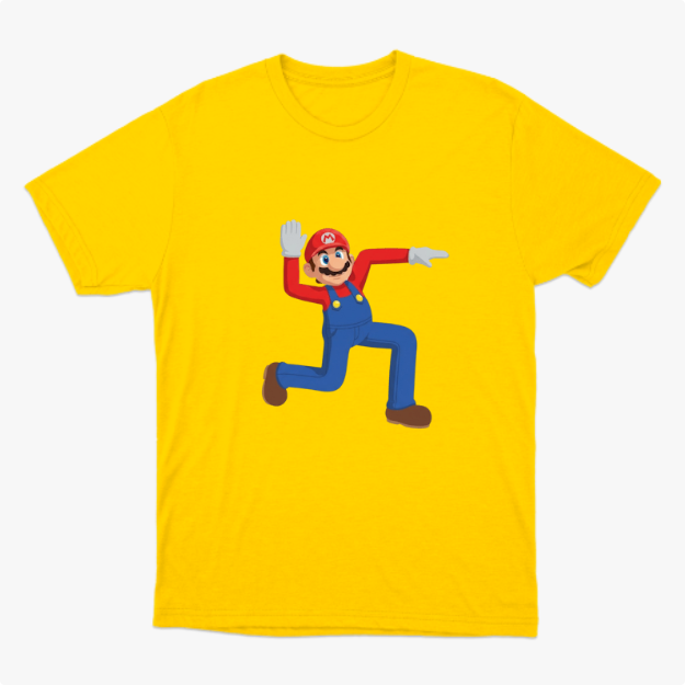 Camiseta com estampa frontal de um personagem icônico de macacão levantando uma mão aberta e apontando na outra direção, em posição alegre e animada.