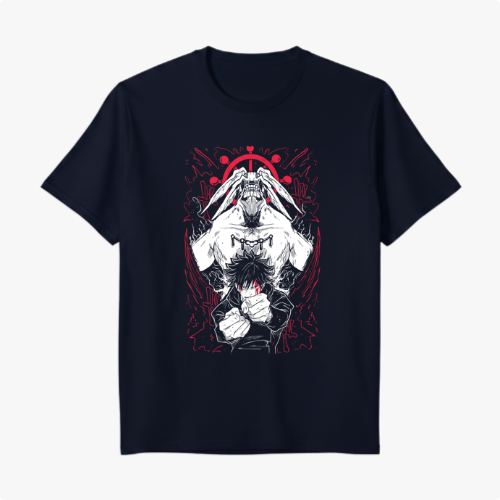 Camiseta com estampa frontal de personagens estilizados de quadrinhos, destacando figuras em poses dinâmicas sob fundo com detalhes arrojados.