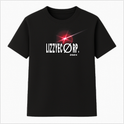 Camiseta com estampa frontal de texto estilizado "LIZZYECO RP." acompanhado do ano "202X" e um efeito visual de brilho em forma de estrela.