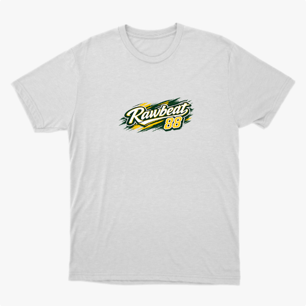 Camiseta com estampa frontal de "Rawbeat 88" em estilo gráfico dinâmico e estampa traseira de "Brasil 88" com design arrojado e número destacado.