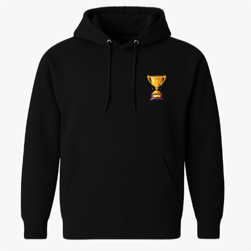 Moletom com estampa frontal de troféu dourado pequeno e estampa traseira de grande troféu dourado com texto em destaque abaixo da imagem.