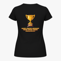 Camiseta com estampa frontal de troféu brilhante e estampa traseira de troféu acima da frase bíblica "Quem vencer herdará todas essas coisas. Apocalipse 21:7".