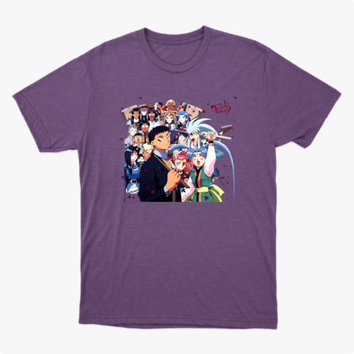 Camiseta com estampa frontal de diversos personagens de anime alinhados, exibindo expressões variadas, alguns com adereços únicos e poses dinâmicas.