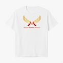 Camiseta com estampa frontal de um "M" estilizado em vermelho com asas douradas abertas, acompanhada pela inscrição "Ministério Verdadeiros Adoradores".