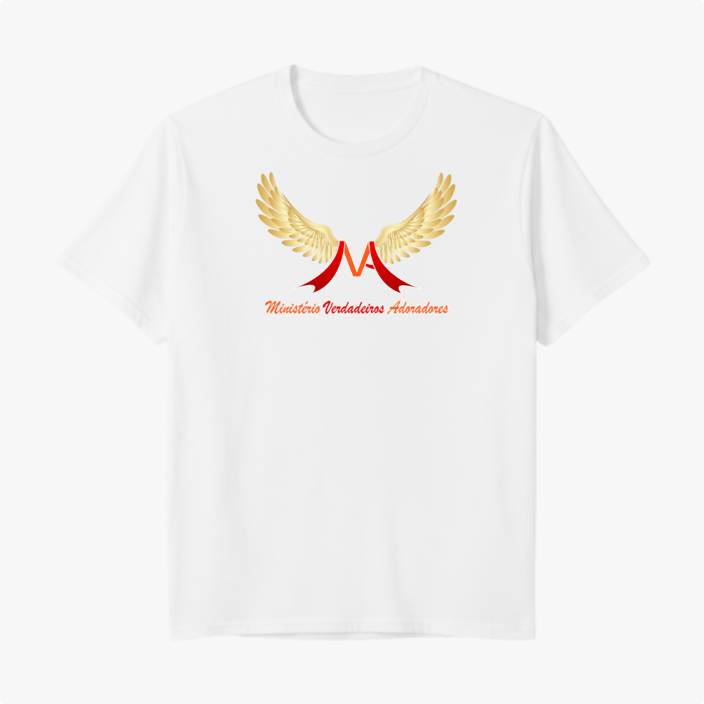 Camiseta com estampa frontal de um "M" estilizado em vermelho com asas douradas abertas, acompanhada pela inscrição "Ministério Verdadeiros Adoradores".
