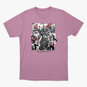 Camiseta com estampa frontal de guerreiro musculoso em quadrantes, com navio, homem barbudo, escudo e machado ao fundo, com texto inferior "Thron Bodybuilder".