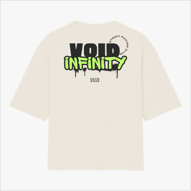 Camiseta com estampa traseira de "VOID INFINITY", estilizada com letras gotejantes, "STREET RACING CLUB" em círculo e "ESTD 2025" logo abaixo.