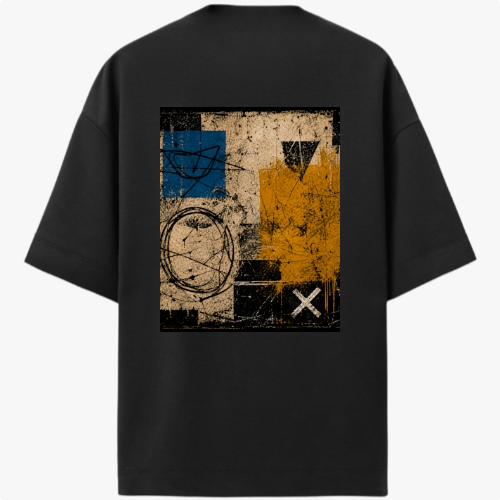Camiseta com estampa frontal de símbolo minimalista no canto inferior e estampa traseira de arte geométrica abstrata com círculos, quadrados e um "X".