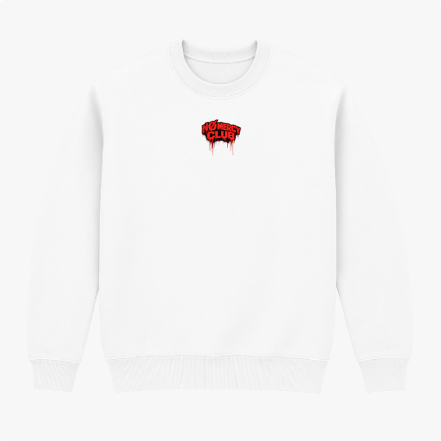 Moletom com estampa frontal de "No Mercy Club" em estilo gótico e estampa traseira de cobra ameaçadora com detalhes gráficos de gotas e traços intensos.