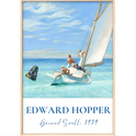 Quadro com estampa frontal de cena náutica mostrando pessoas em barco à vela, sino de mergulho flutuando e assinatura "Edward Hopper, Ground Swell, 1939".