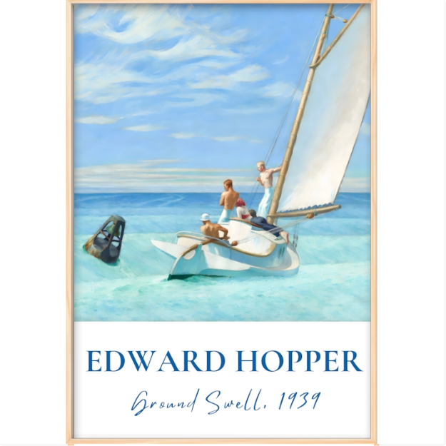 Quadro com estampa frontal de cena náutica mostrando pessoas em barco à vela, sino de mergulho flutuando e assinatura "Edward Hopper, Ground Swell, 1939".