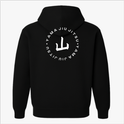Moletom com estampa frontal de logo circular minimalista e estampa traseira de círculo maior envolvendo grafismo estilizado com texto ao redor.